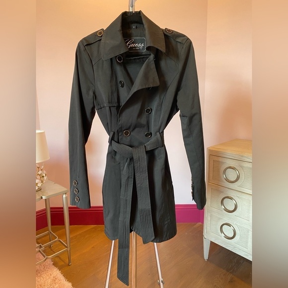 Guess Black Trench Coat Double breasted lightweight size medium - Picture 3 of 10